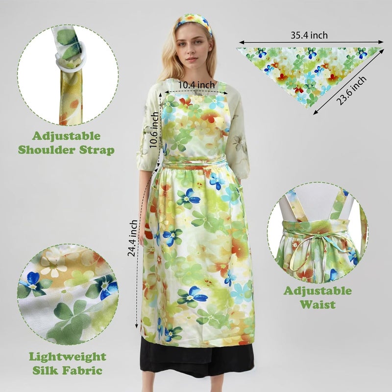 Cityelf Vintage Pinafore Floral Apron Dress with Headscarf Set Adjustable Cross Back with Pocket for Kitchen Baking Gardening - Image 3